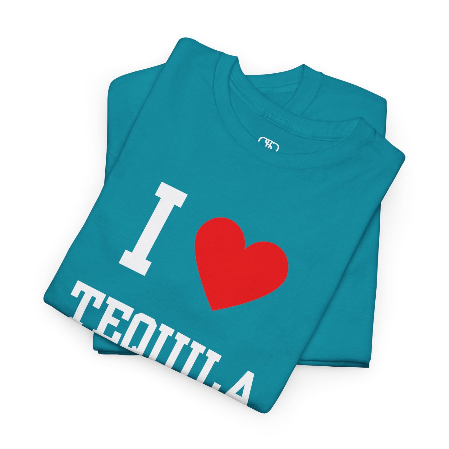 A folded tropical blue t-shirt displaying the iconic "I Love" design, with the text "I," followed by a red heart symbol, and the word "Tequila" printed underneath.