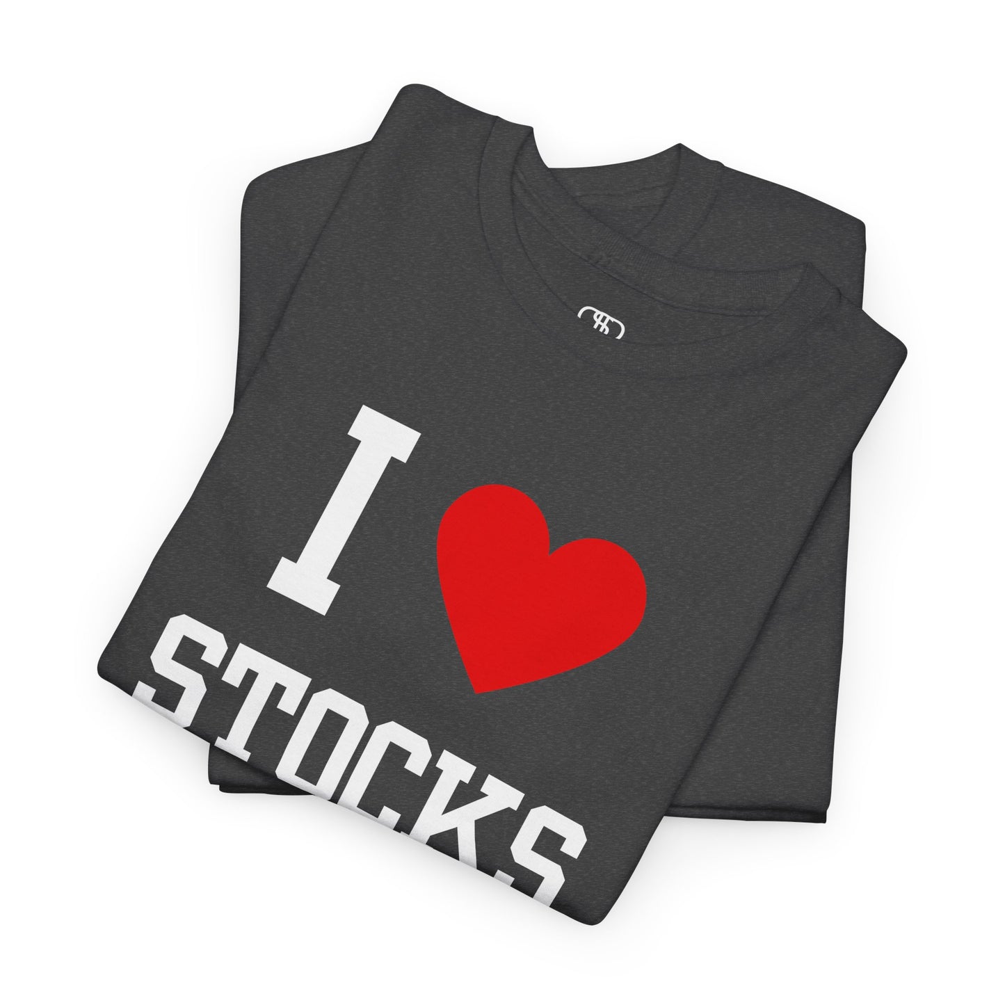 A dark heather folded t-shirt displaying the text "I," a red heart graphic symbolizing love, and the word "Stocks" in a classic, bold typeface.