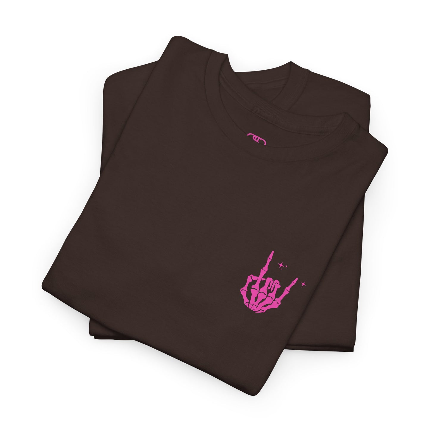 A folded dark brown t-shirt with a skeletal rock hand on the front and a melting emoji with the phrase “I match energy So ho we gon’ Act Today?” on the back.