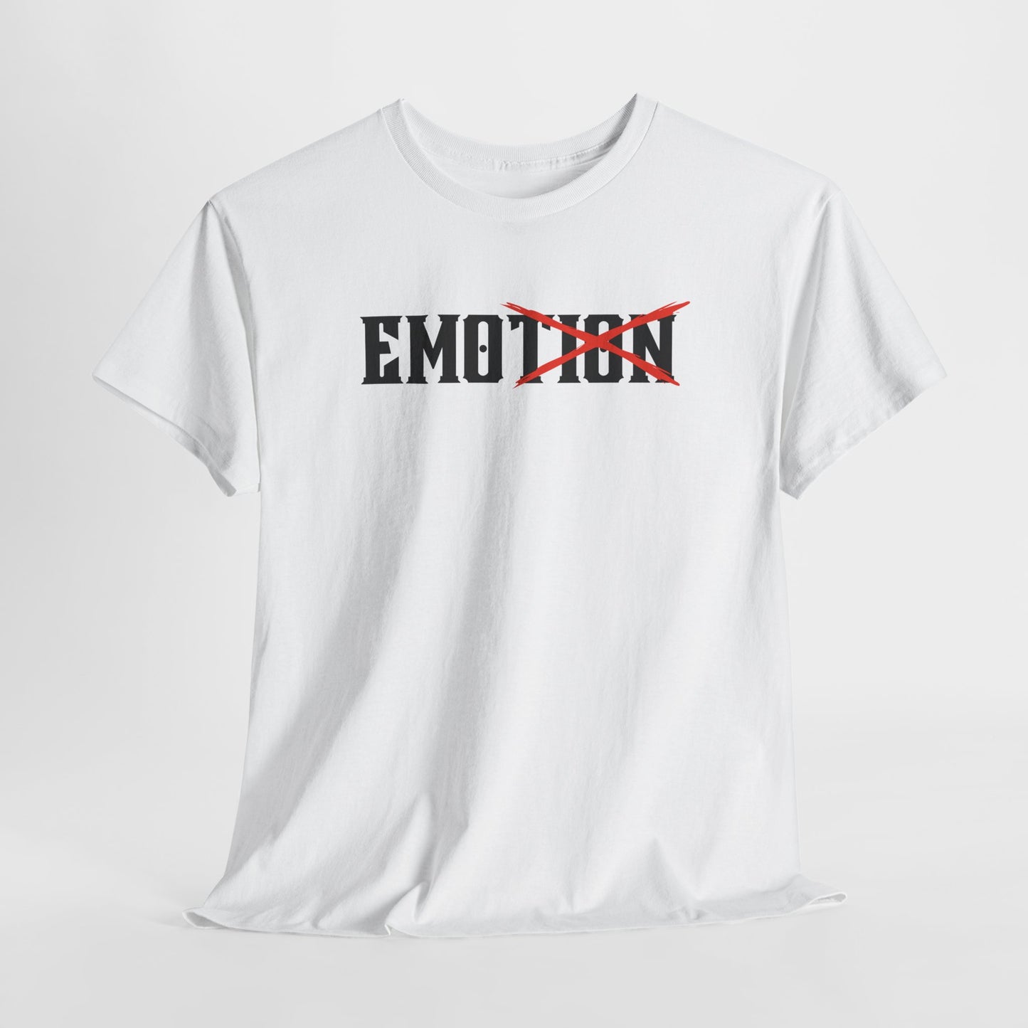 A minimalist t-shirt featuring the word "EMOTION" with the letters 'TION' crossed out, emphasizing the word 'EMO' in a bold font.