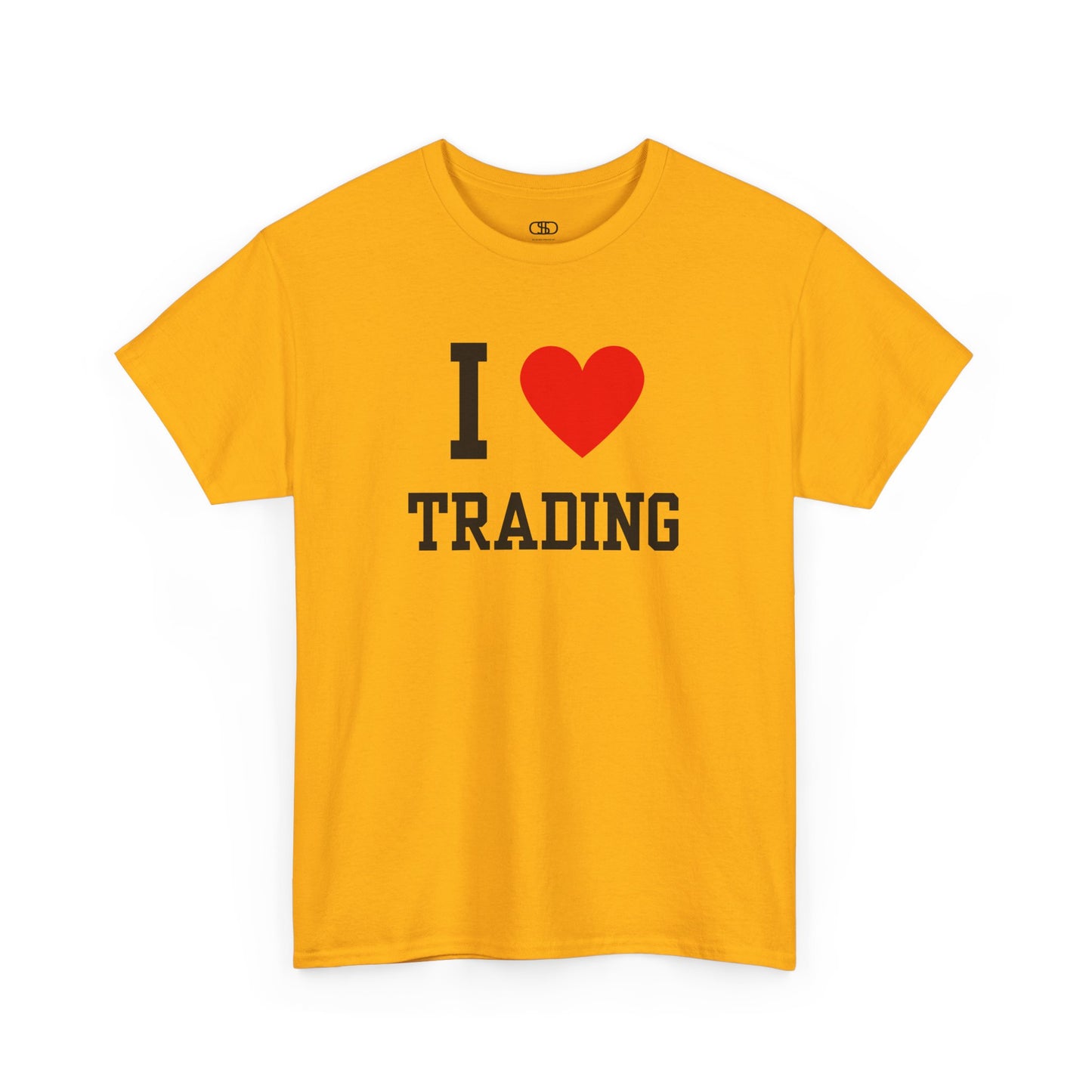 A minimalist t-shirt featuring the "I Love design with the text "I," a red heart symbol, and the word "Trading" underneath.