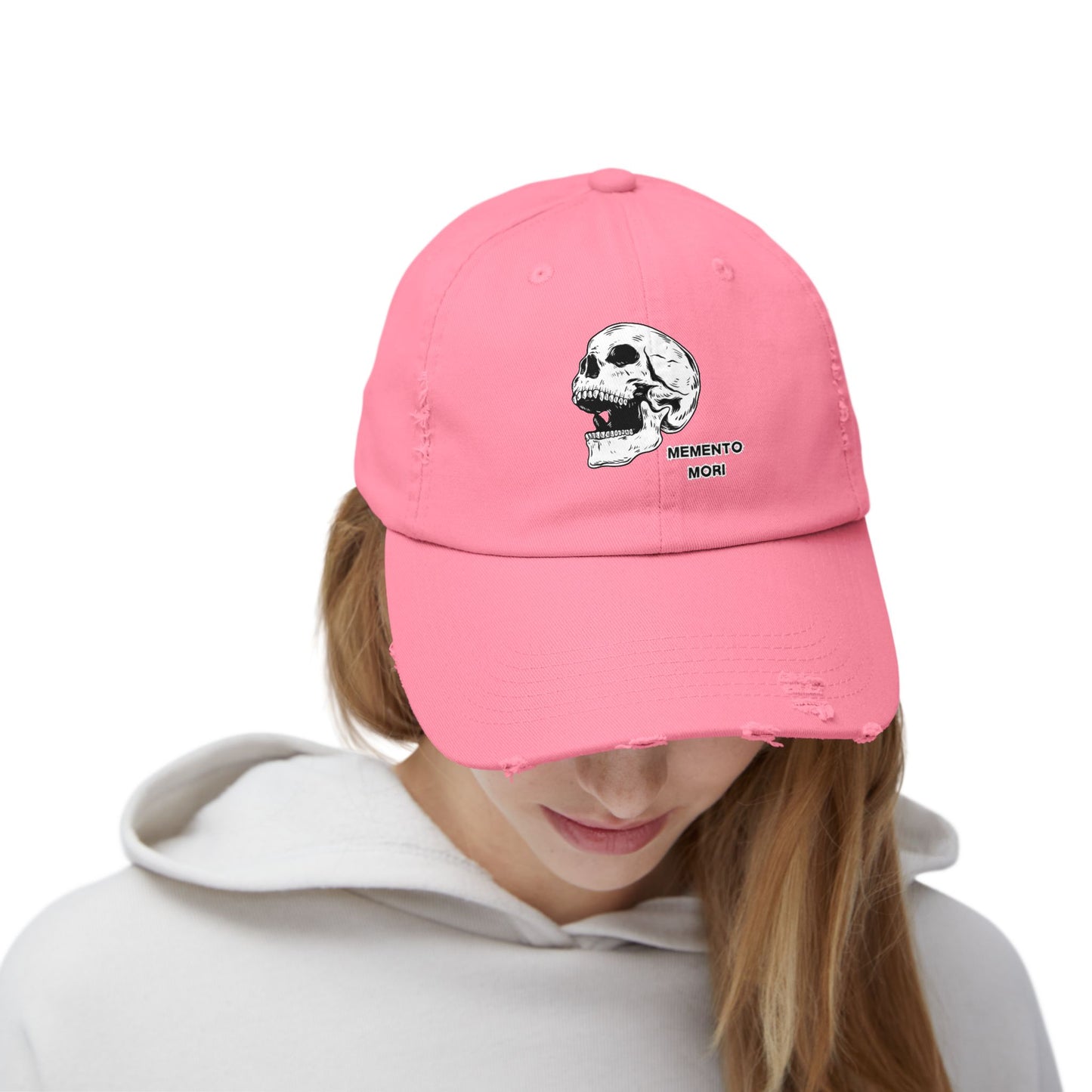 Memento Mori Distressed Hat – Skull Embroidered Cap with Gothic Flair