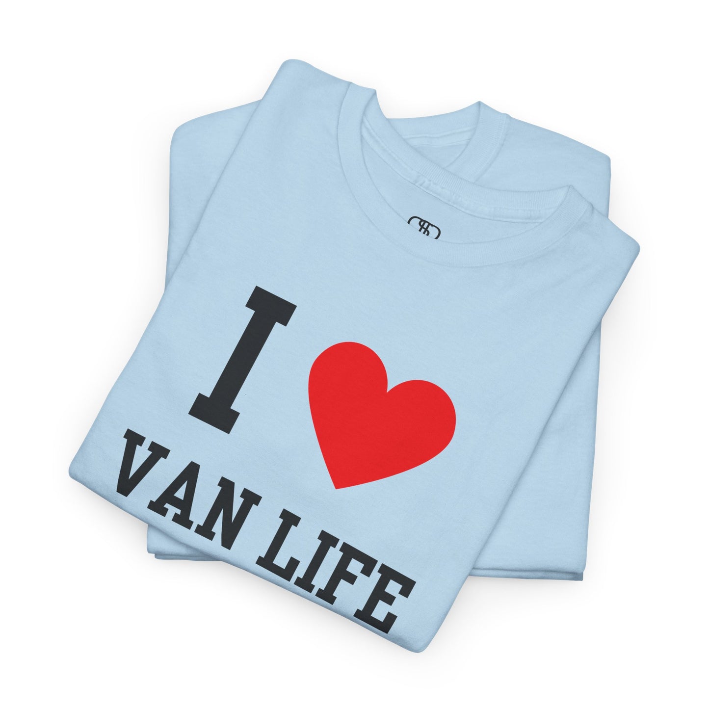 A folded Light blue t-shirt with 'I ❤️ Van Life' text on a white background