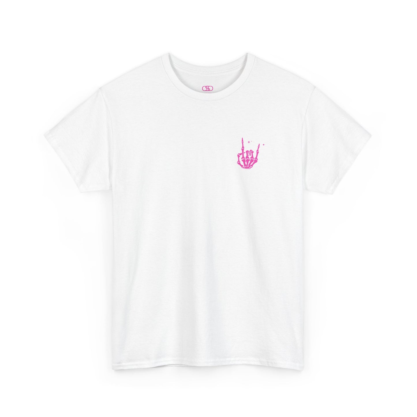 A white t-shirt with a skeletal rock hand on the front and a melting emoji with the phrase “I match energy So ho we gon’ Act Today?” on the back.