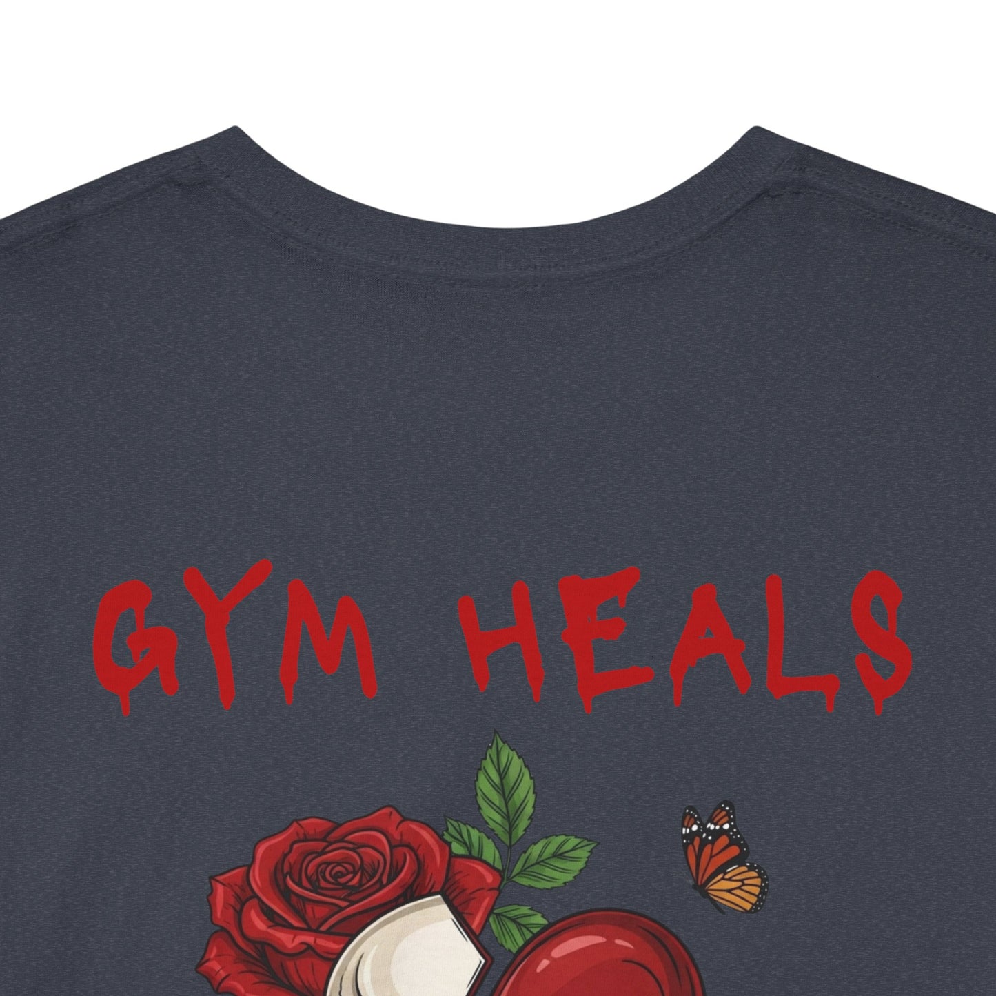 "Gym Heals" Broken Red Heart Skull Rose Tee