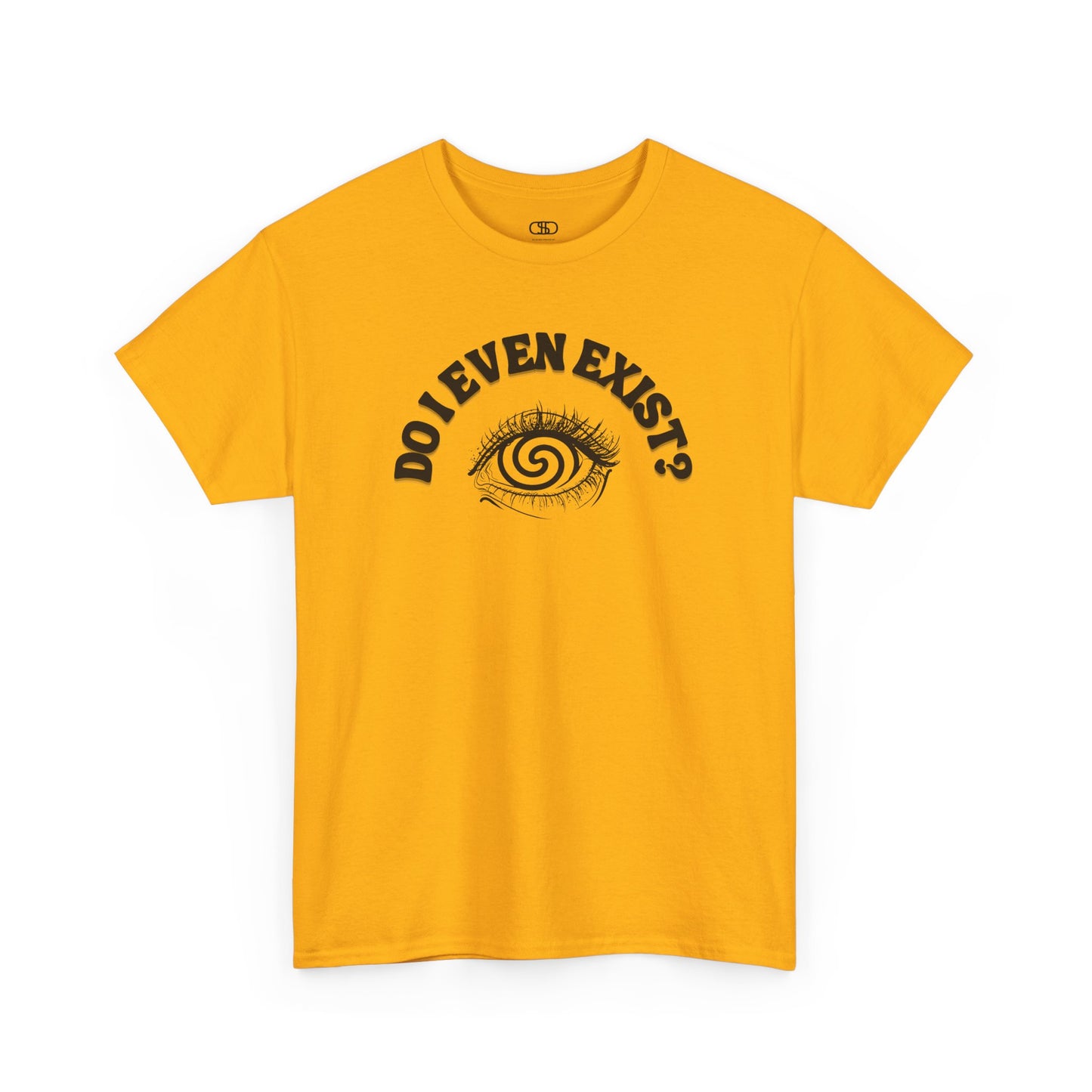 Orange T-shirt with an eyeball and a mind-bending optical illusion and the text "Do I even exist?"