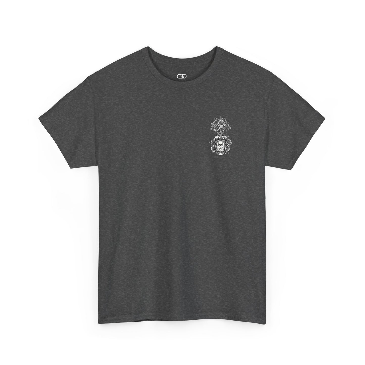 A dark heather t-shirt with a skull and crossbones vase filled with roses and the words “Surviving Purely Out of Spite” in a gothic font.