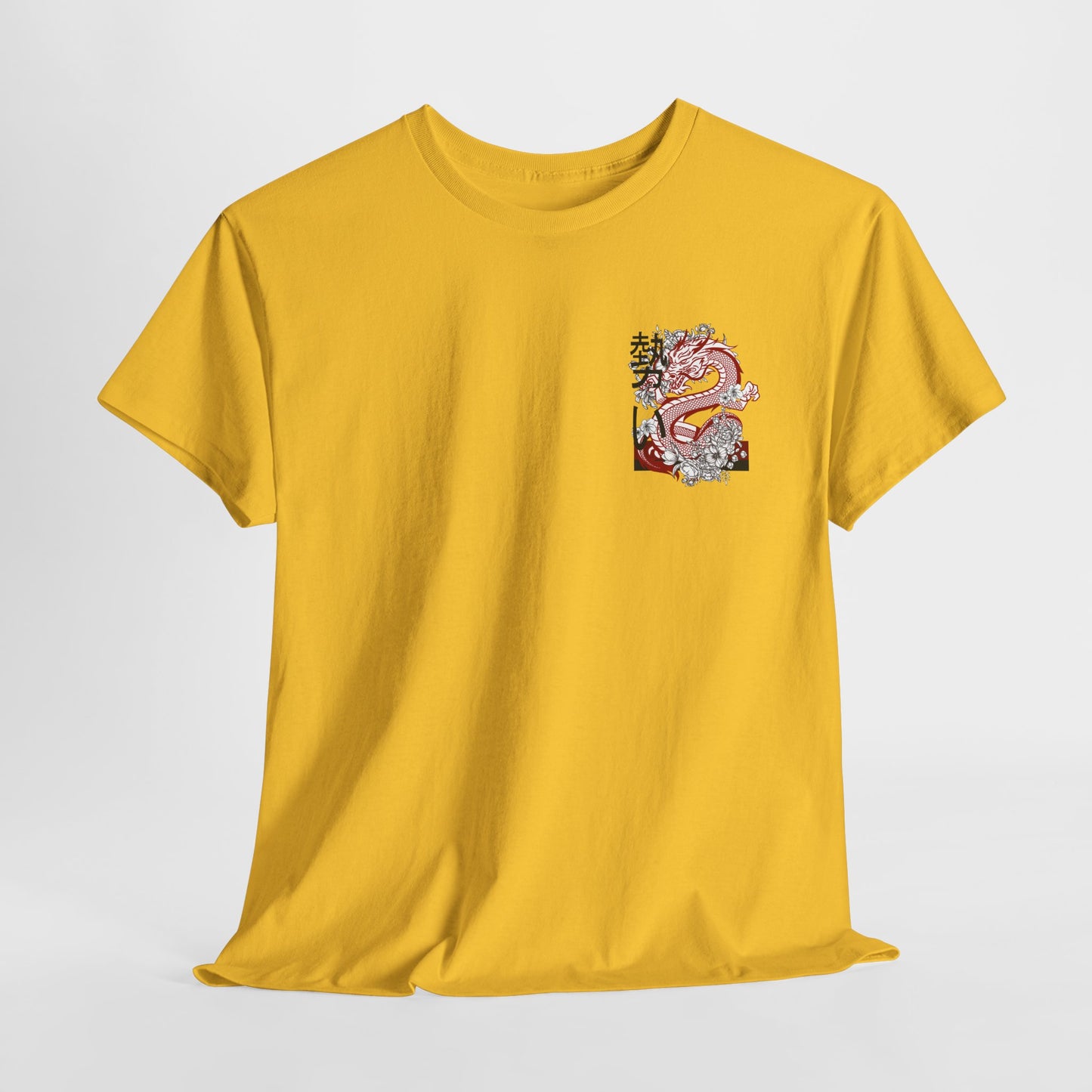 Front of a t-shirt featuring a fierce, stylized dragon in red, black, and white on the left chest area.