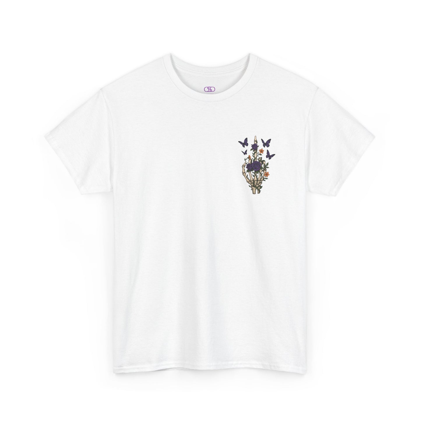 A white t-shirt with a skeleton hand flipping its middle finger on the front surrounded by vines, roses, & butterflies, and a full skeleton design on the back with the phrase “My Last Flying Fuck.”