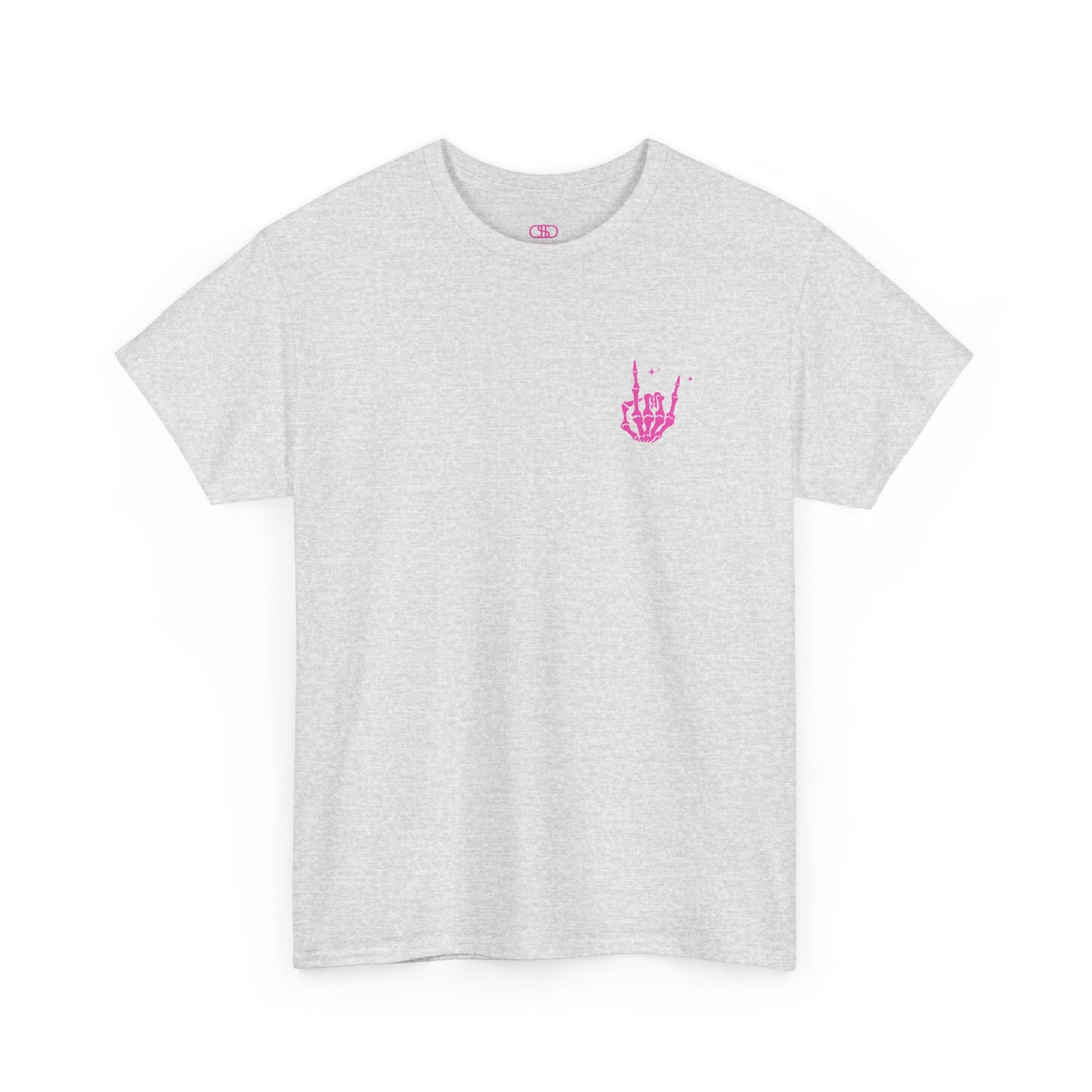 An ash gray t-shirt with a skeletal rock hand on the front and a melting emoji with the phrase “I match energy So ho we gon’ Act Today?” on the back.