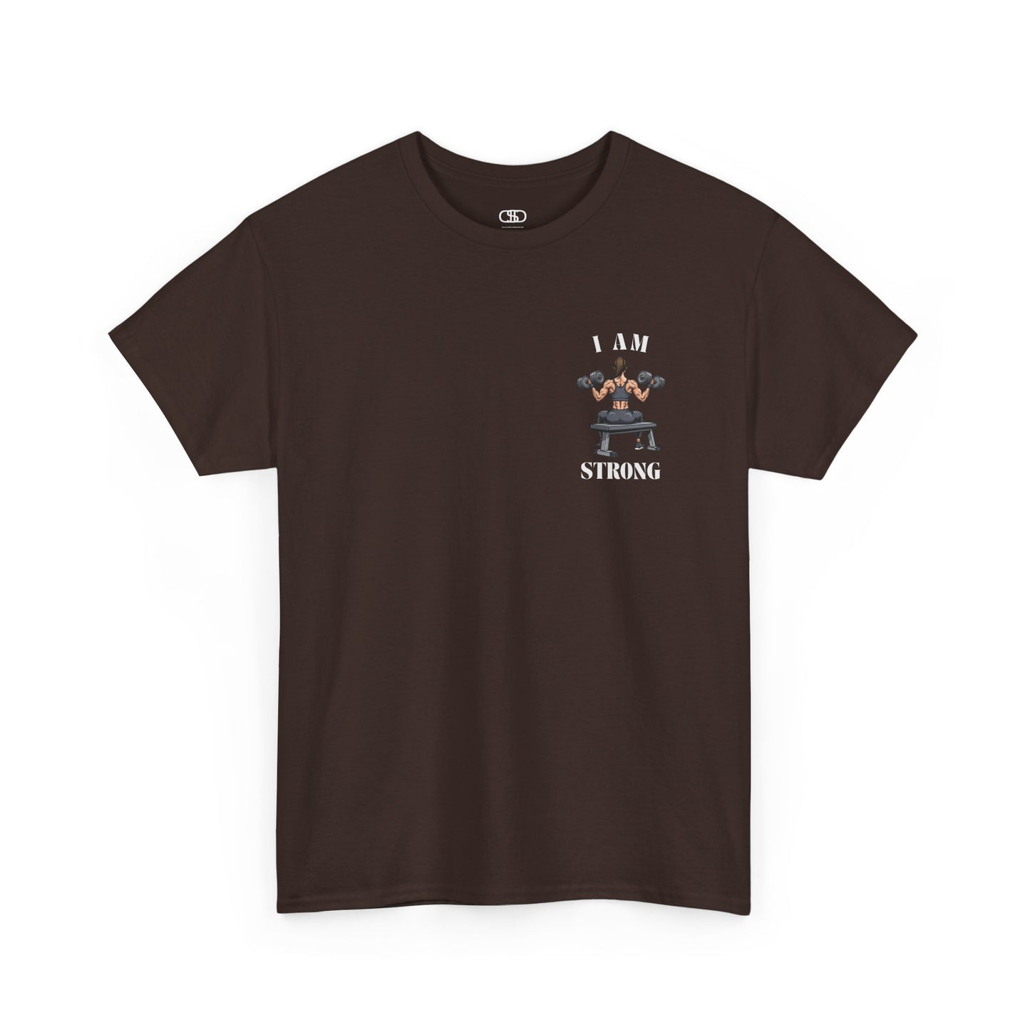 A dark brown t-shirt with a woman lifting weights on the front with "I am strong" and a larger design on the back stating “Strong is beautiful.”
