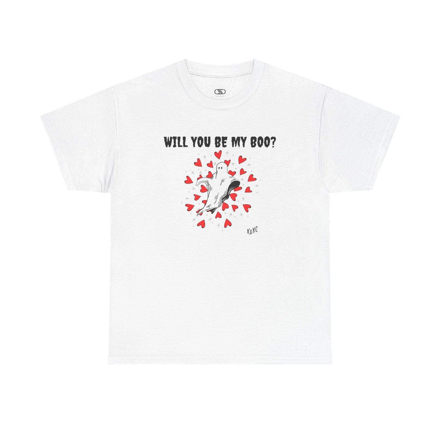 A t-shirt featuring a cute floating ghost surrounded by bursting hearts. At the top of the design, the text reads, "Will You Be my Boo?"