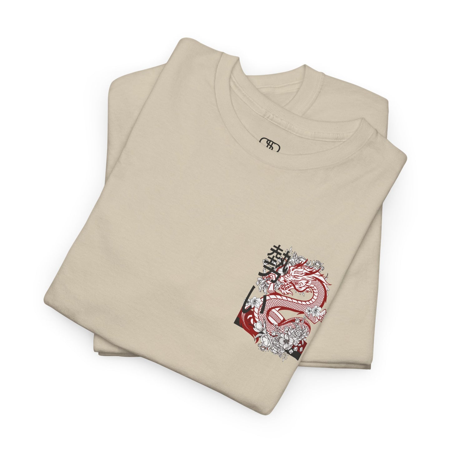 Front of a t-shirt featuring a fierce, stylized dragon in red, black, and white on the left chest area.