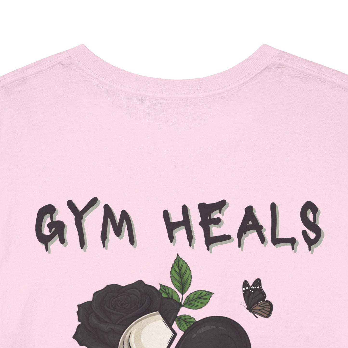 "Gym Heals" Broken Heart Skull Rose Tee in Black