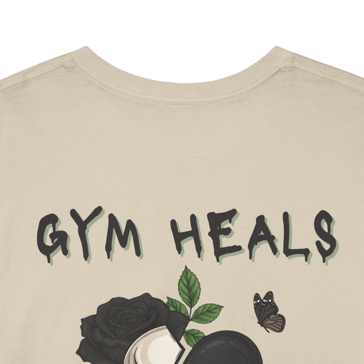 "Gym Heals" Broken Heart Skull Rose Tee in Black