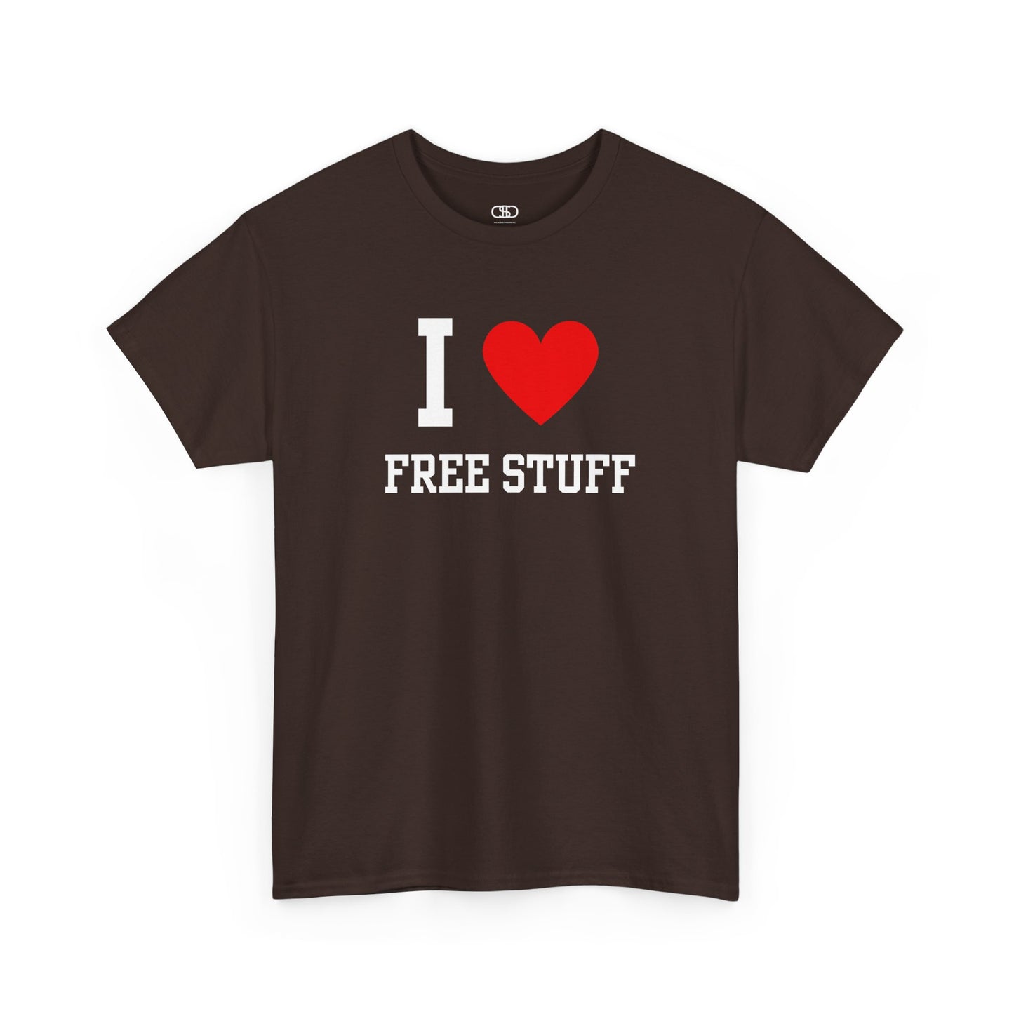 A funny dark brown t-shirt with the iconic "I Love" design, featuring the text "I," a red heart, and the phrase "Free Stuff" below.