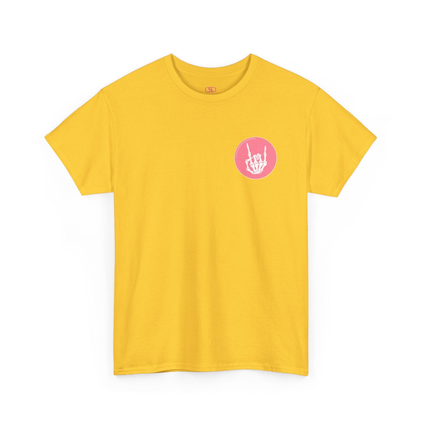 A daisy t-shirt with a skeletal hand in a bubble on the front and the phrase “Sorry you’re intimidated by my resting Bitch ace I’m actually a fucking delight” on the back.