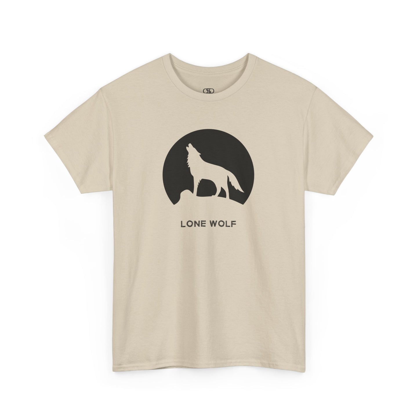 Graphic t-shirt with a black silhouette of a wolf howling on a mountain peak, with the words 'lone wolf' underneath.