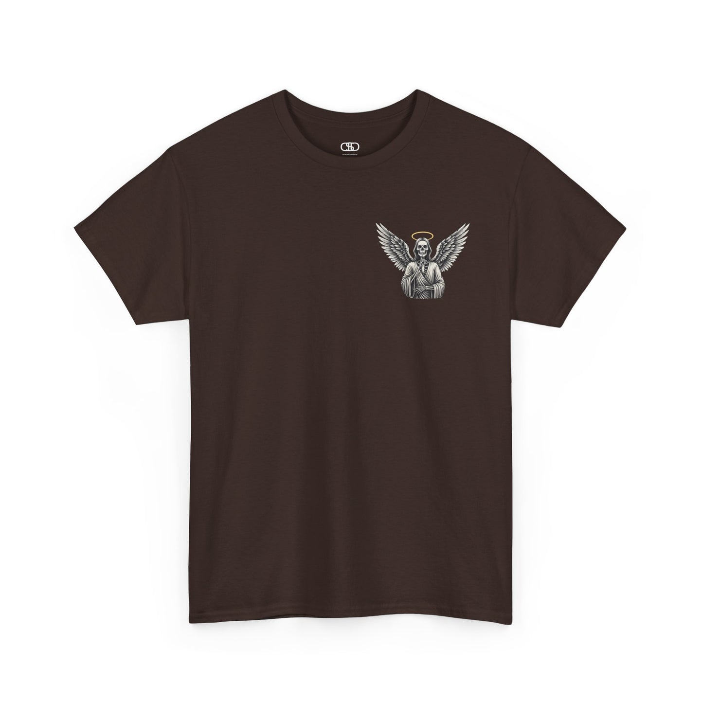 A dark brown t-shirt with a skeleton angel on the front and the phrase “Shh. No one Cares” on the back.