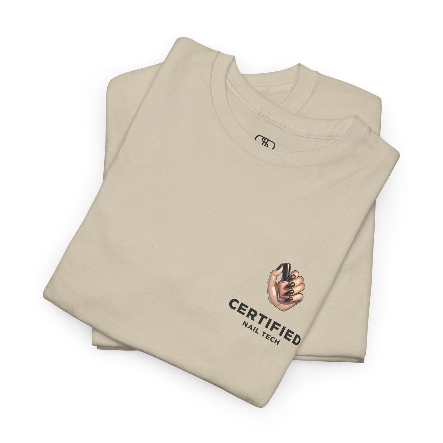 A sand t-shirt with a hand graphic design holding nail polish with polished nails followed by the words Certified Nail Tech beneath it.