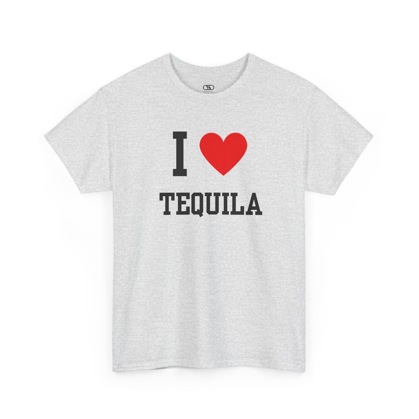A t-shirt displaying the iconic "I Love" design, with the text "I," followed by a red heart symbol, and the word "Tequila" printed underneath.