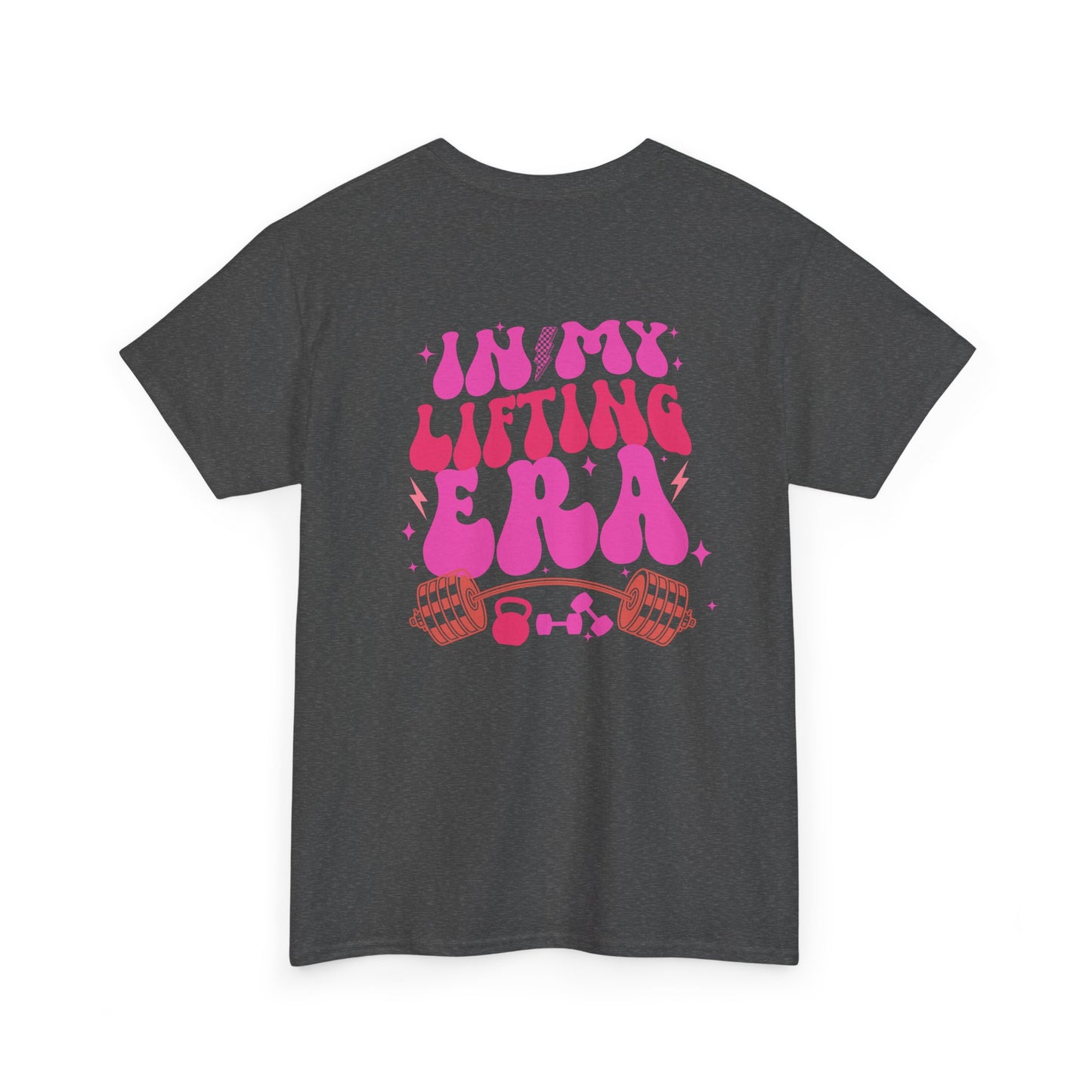 A dark heather t-shirt with a retro smiley face on the front and the phrase “In my lifting Era” in a creative retro design on the back.