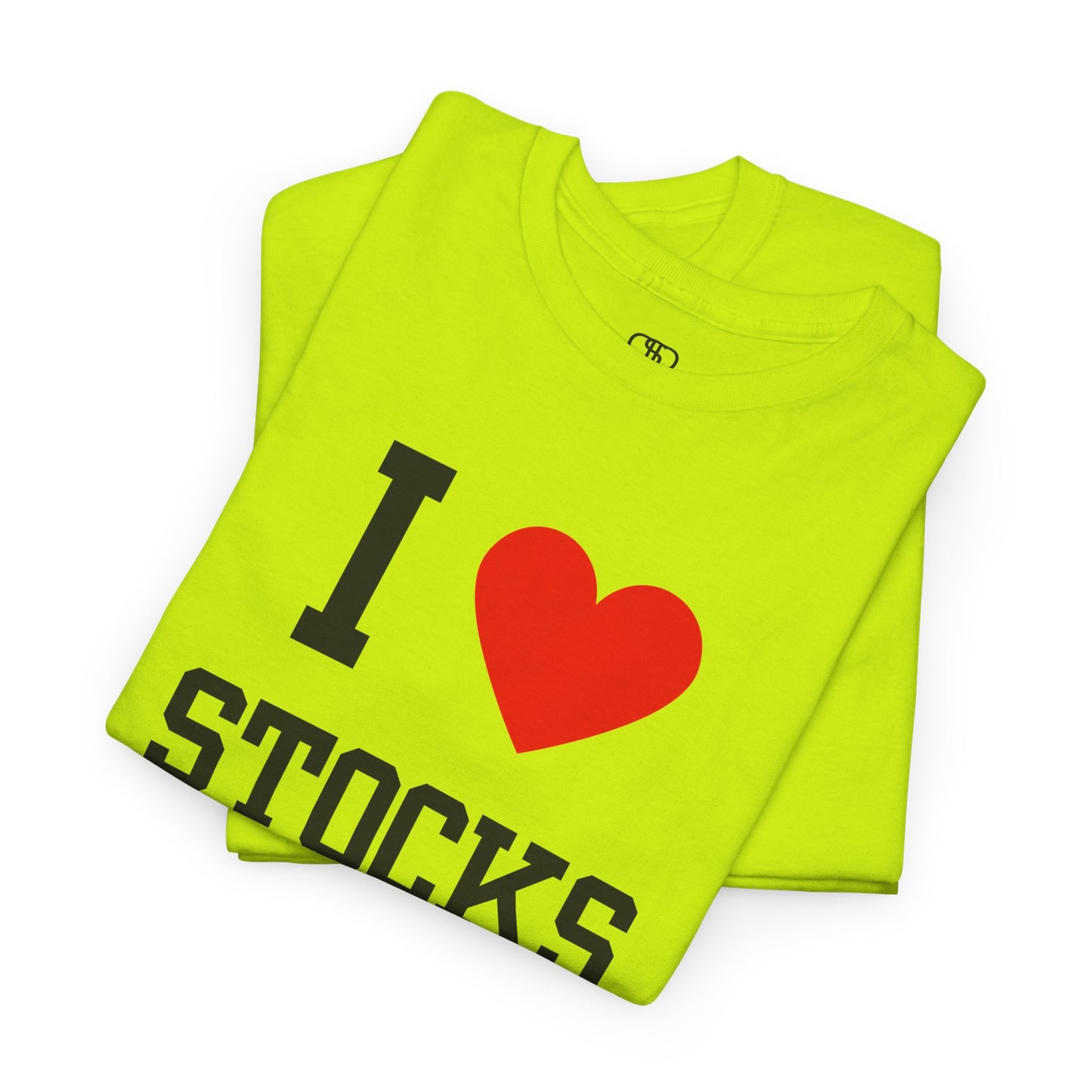 A safety green folded t-shirt displaying the text "I," a red heart graphic symbolizing love, and the word "Stocks" in a classic, bold typeface.