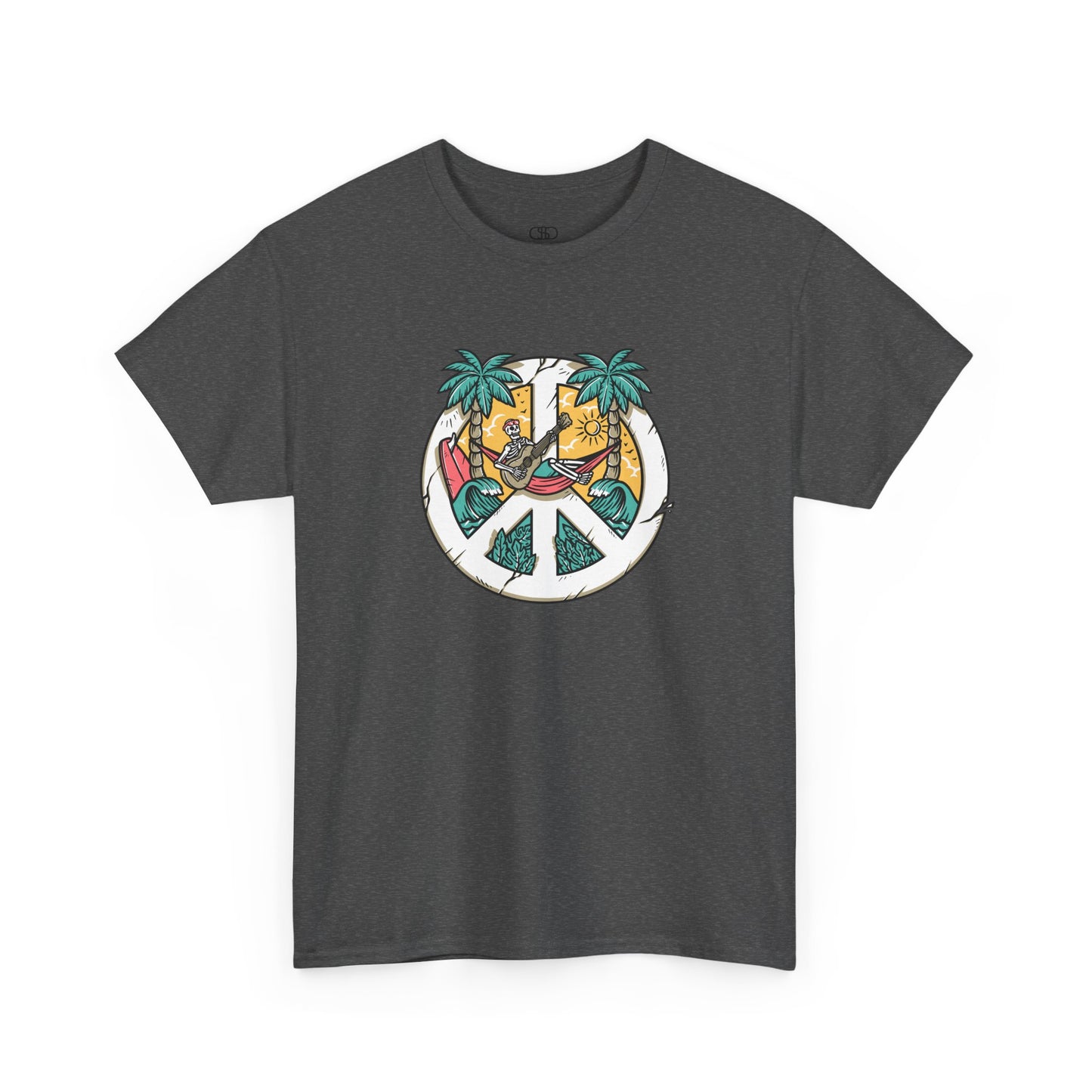 T-shirt showing a skeleton with a peace sign head, lying in a hammock playing a guitar between two palm trees with waves in the background.