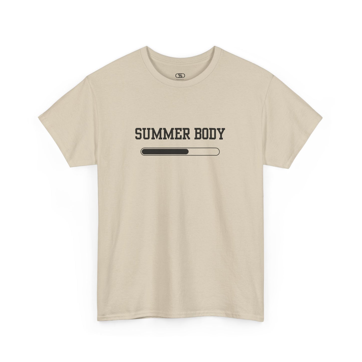 A sand t-shirt with a loading bar and “Summer Body” on the front and “I left my summer body at home I prefer not to show off” on the back.