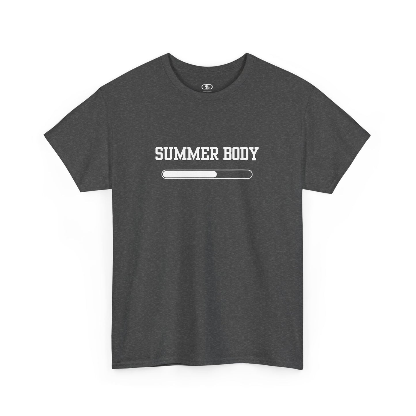 A heather Gray t-shirt with a loading bar and “Summer Body” on the front and “I left my summer body at home I prefer not to show off” on the back.