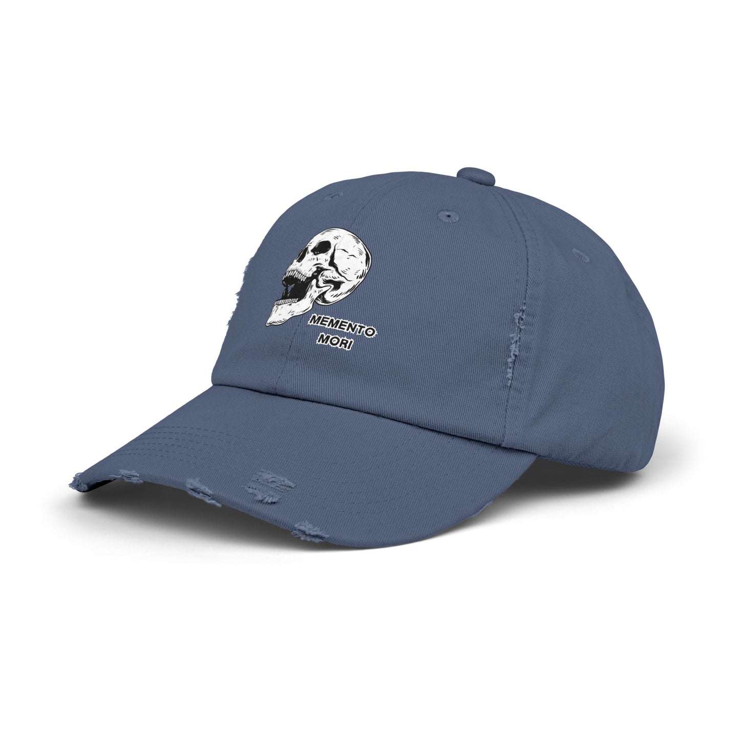 Memento Mori Distressed Hat – Skull Embroidered Cap with Gothic Flair