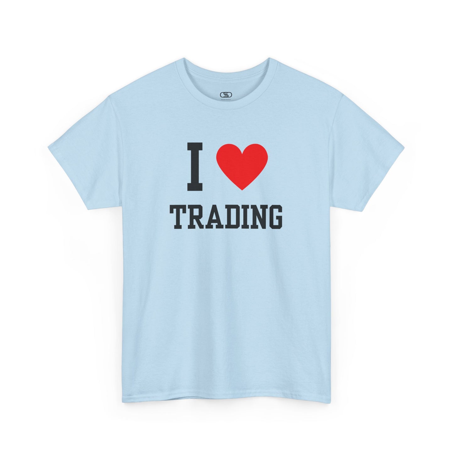 A minimalist t-shirt featuring the "I Love design with the text "I," a red heart symbol, and the word "Trading" underneath.