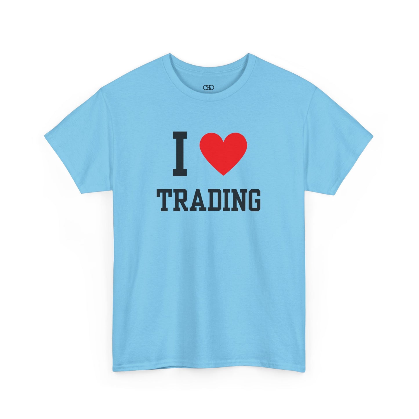 A minimalist t-shirt featuring the "I Love design with the text "I," a red heart symbol, and the word "Trading" underneath.