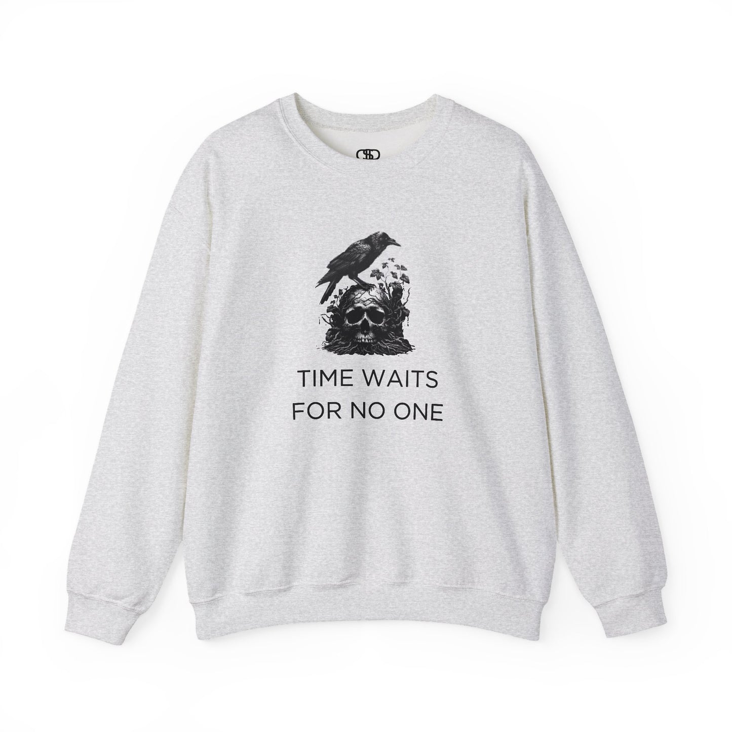 A sweatshirt featuring a detailed illustration of a crow perched on a human skull that is intertwined with overgrown vines and moss. Along with the words Time Waits For No One.