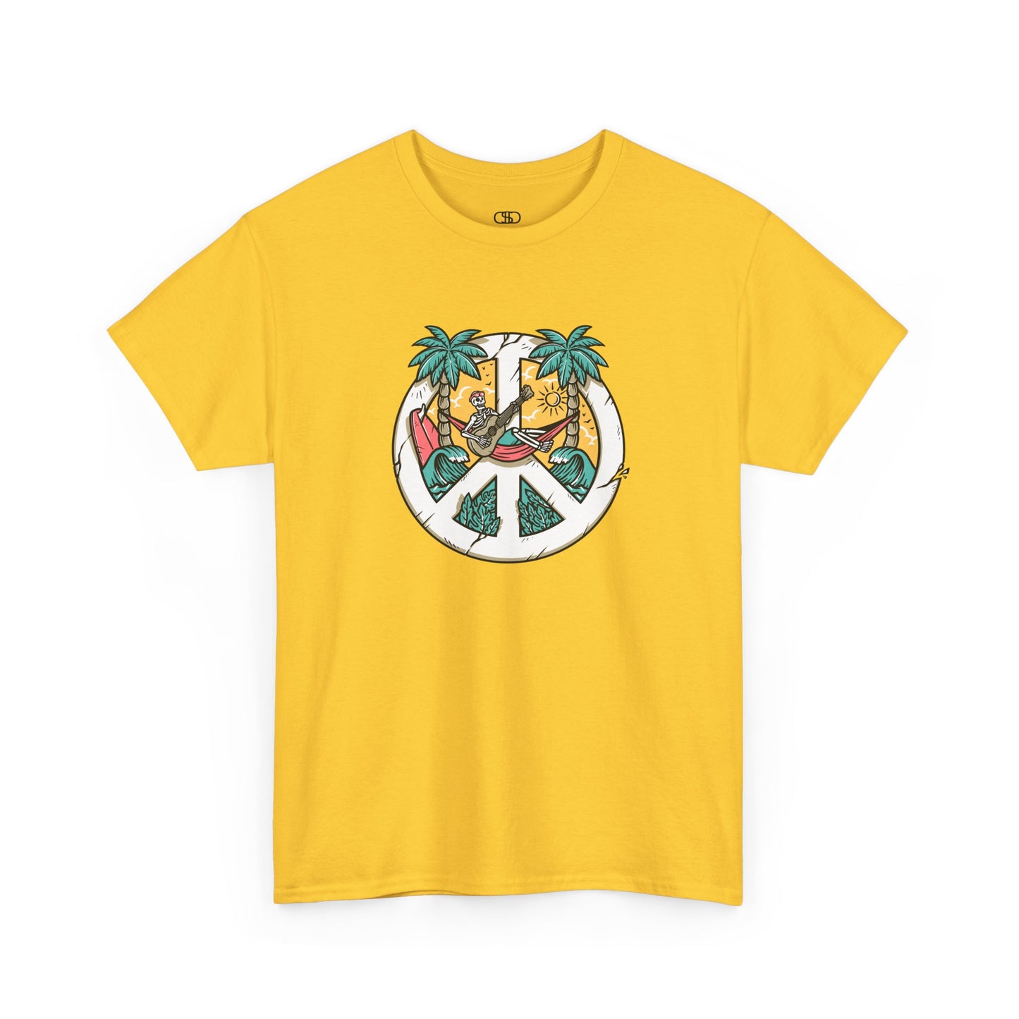 T-shirt showing a skeleton with a peace sign head, lying in a hammock playing a guitar between two palm trees with waves in the background.