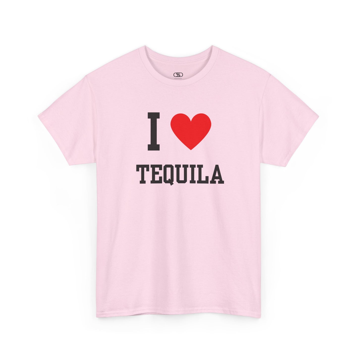 A light pink t-shirt displaying the iconic "I Love" design, with the text "I," followed by a red heart symbol, and the word "Tequila" printed underneath.
