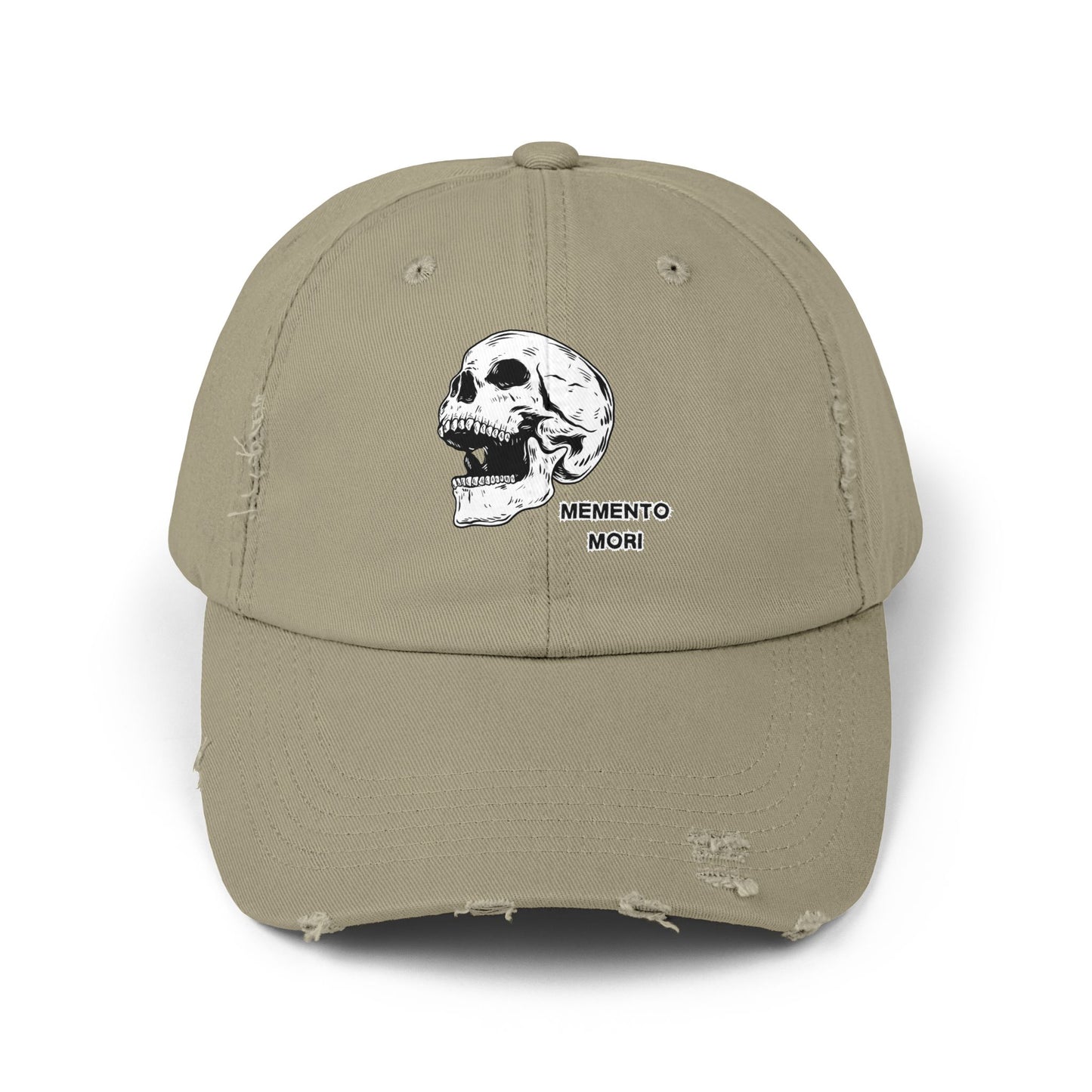 Memento Mori Distressed Hat – Skull Embroidered Cap with Gothic Flair