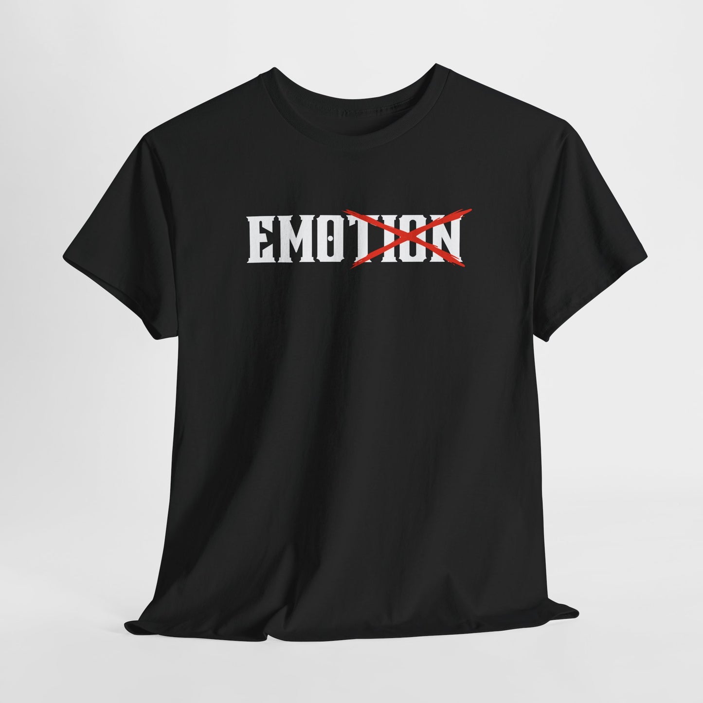 A minimalist t-shirt featuring the word "EMOTION" with the letters 'TION' crossed out, emphasizing the word 'EMO' in a bold font.