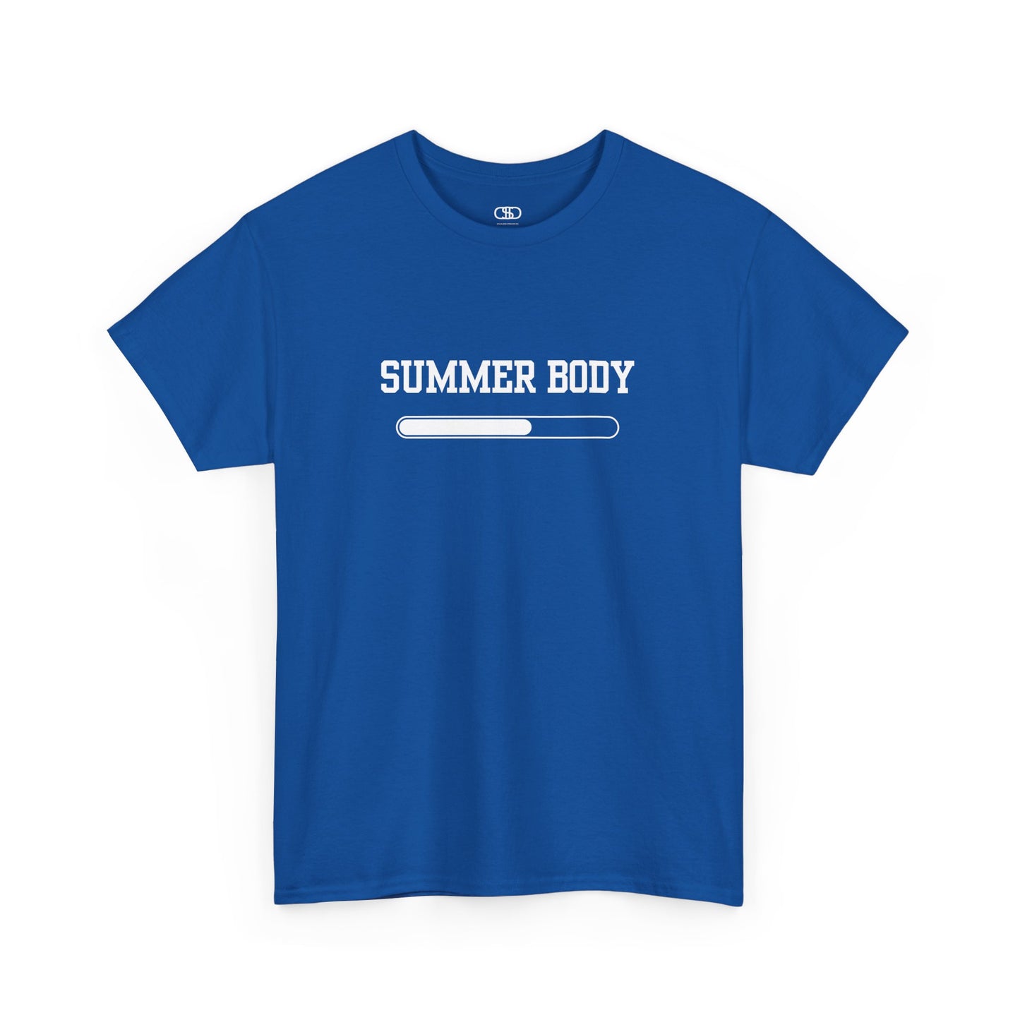 A royal Blue t-shirt with a loading bar and “Summer Body” on the front and “I left my summer body at home I prefer not to show off” on the back.