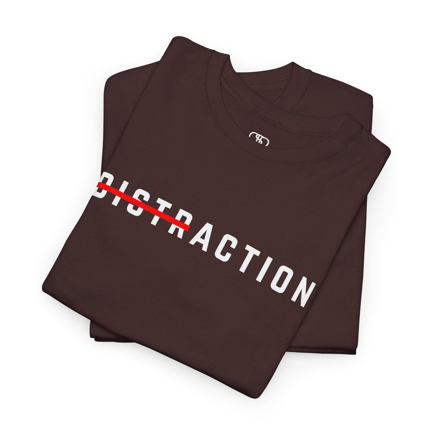 A folded minimalist t-shirt featuring the word "Distraction" with the 'Dist' part crossed out, emphasizing the word 'Action' in a bold font.