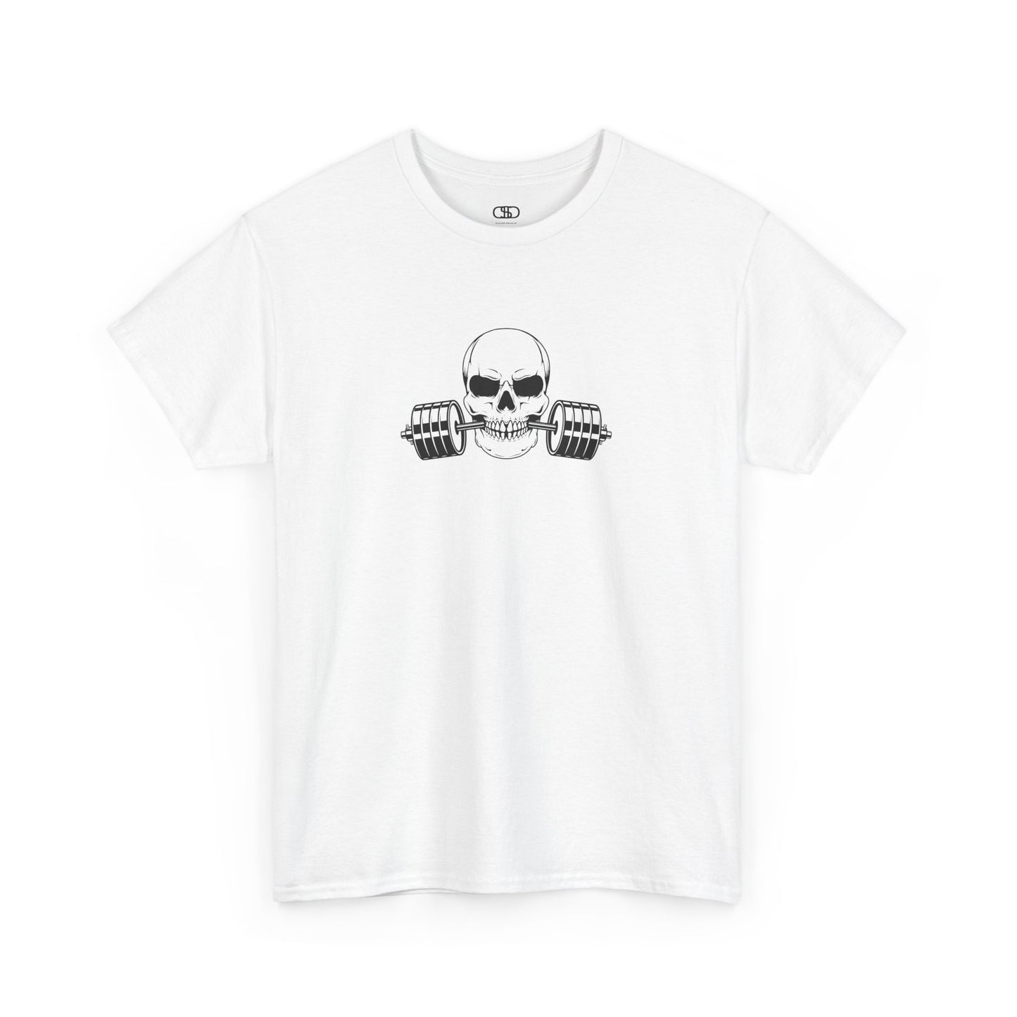 White t-shirt with a skull and barbell graphic on a white background