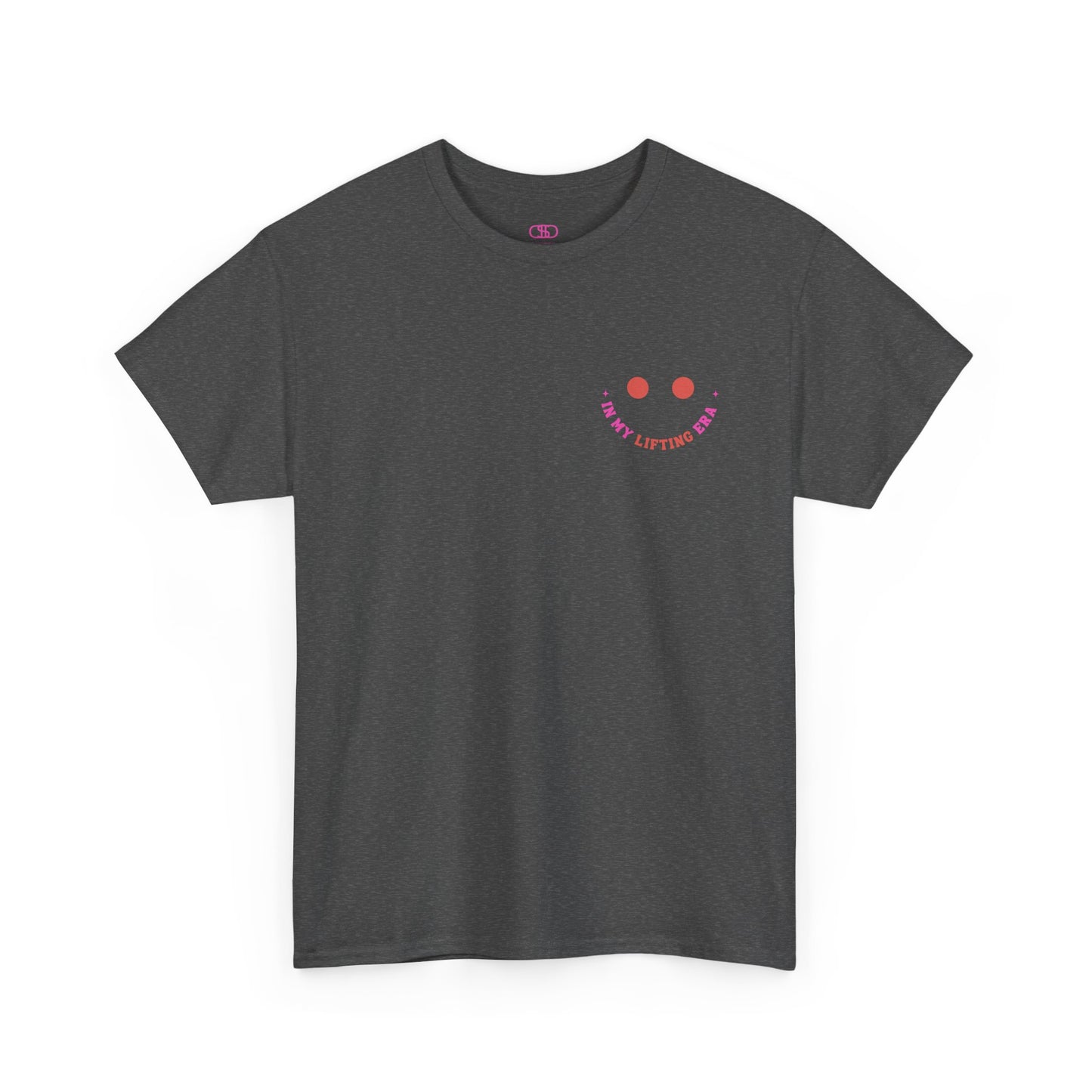 A dark heather t-shirt with a retro smiley face on the front and the phrase “In my lifting Era” in a creative retro design on the back.