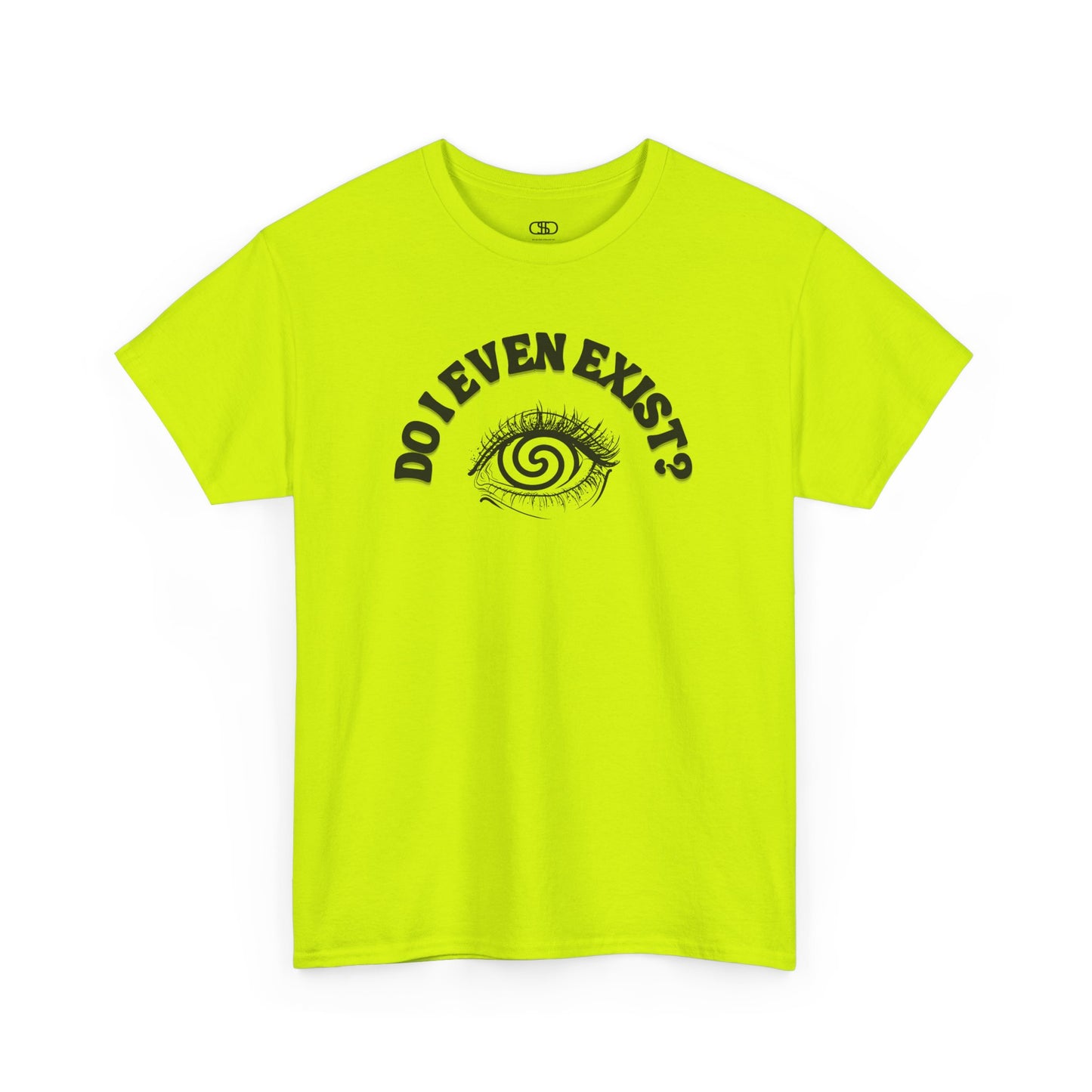 Safety Green T-shirt with an eyeball and a mind-bending optical illusion and the text "Do I even exist?"