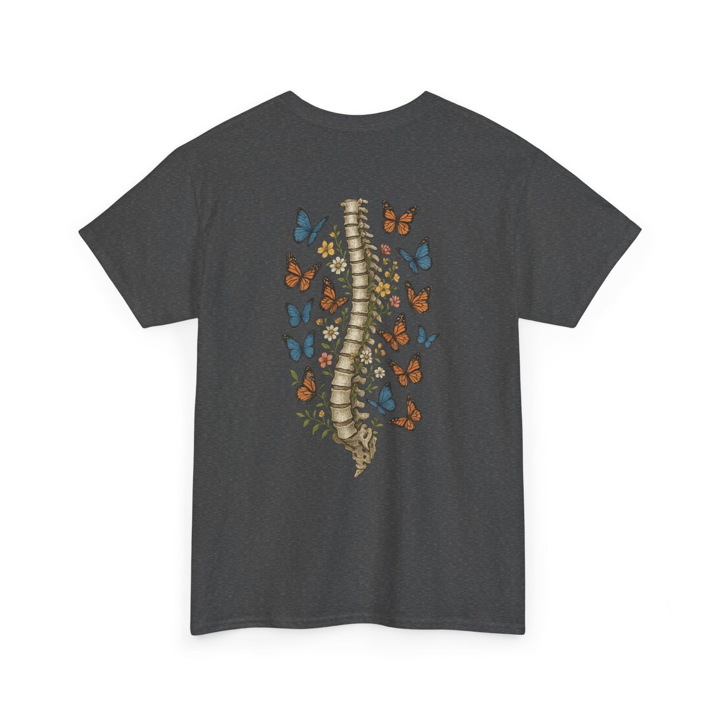 A dark heather t-shirt with "Grow Through It" and a butterfly on the front and a design of a spine with vines, flowers, and butterflies on the back.