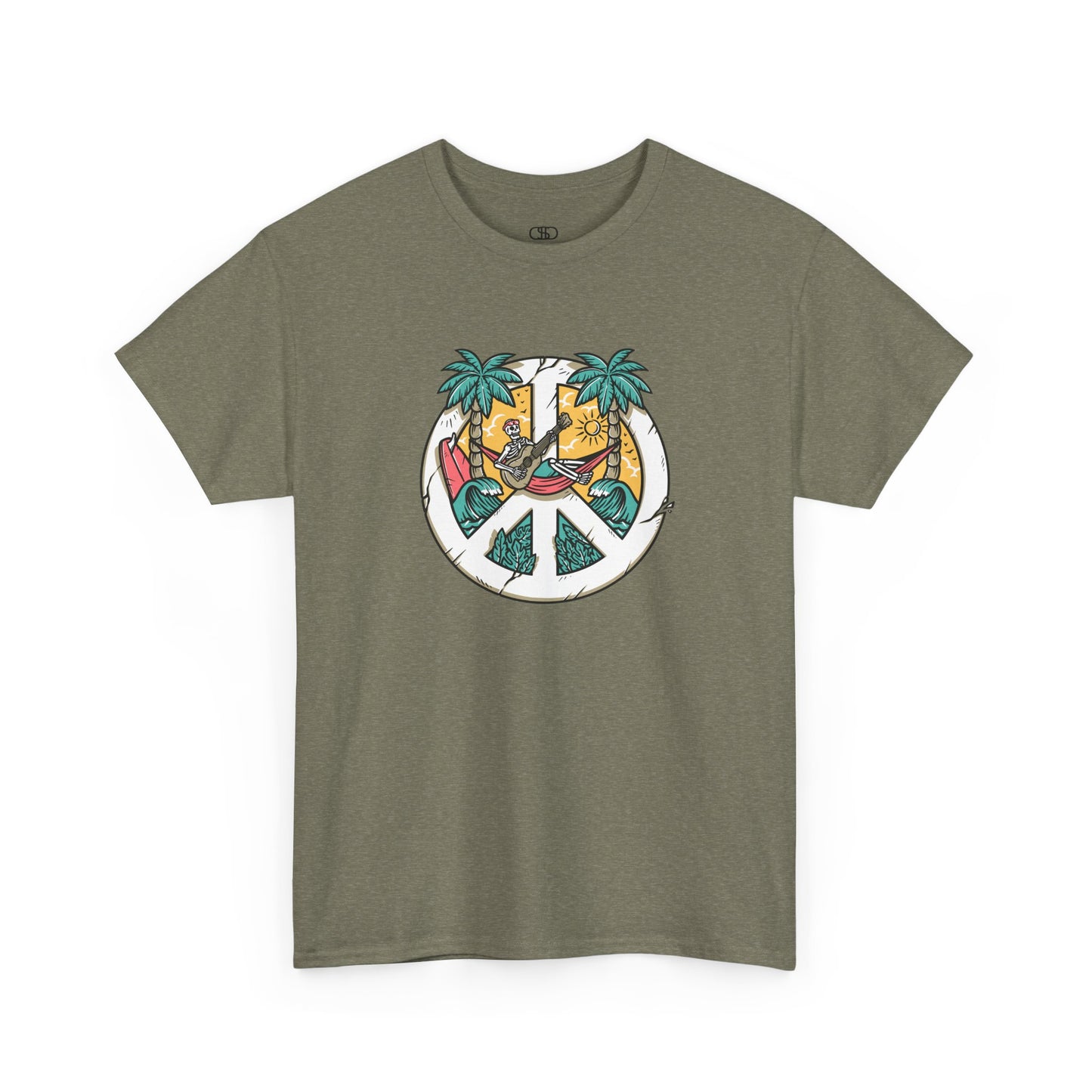 T-shirt showing a skeleton with a peace sign head, lying in a hammock playing a guitar between two palm trees with waves in the background.