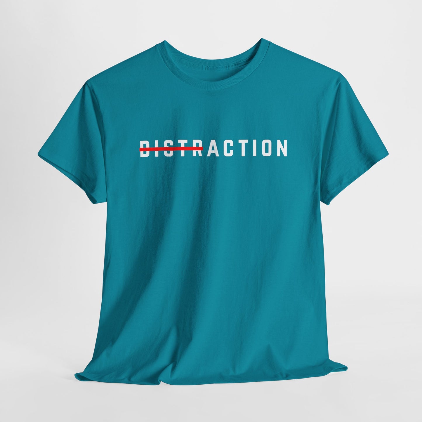 A minimalist t-shirt featuring the word "Distraction" with the 'Dist' part crossed out, emphasizing the word 'Action' in a bold font.