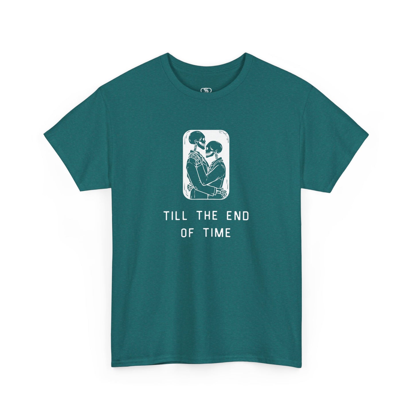 A t-shirt featuring a detailed print of two skeletons embracing in a hug with the text 'till the end of time' below them.