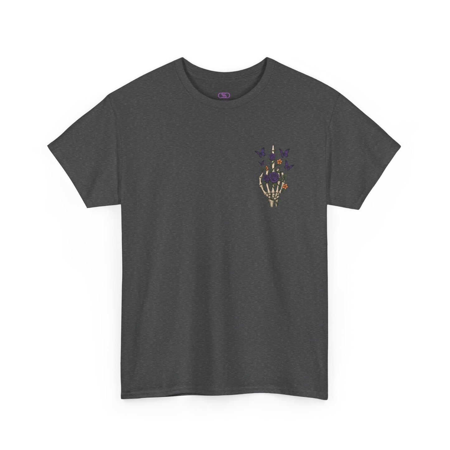 A dark heather t-shirt with a skeleton hand flipping its middle finger on the front surrounded by vines, roses, & butterflies, and a full skeleton design on the back with the phrase “My Last Flying Fuck.”