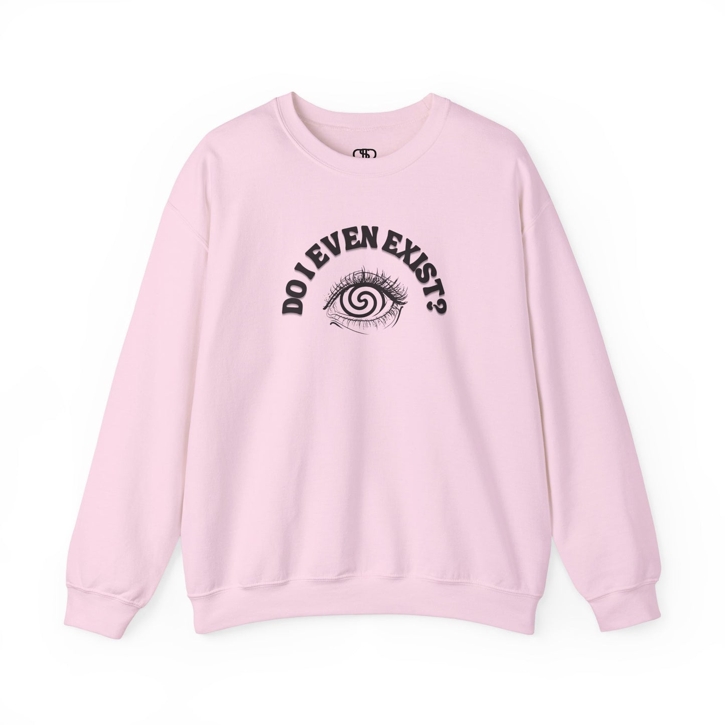 A pink sweatshirt with a graphic print of a detailed, realistic eye that contains an optical illusion of a spiral. The text "Do I even Exist?" is printed above the eye in a clean font.