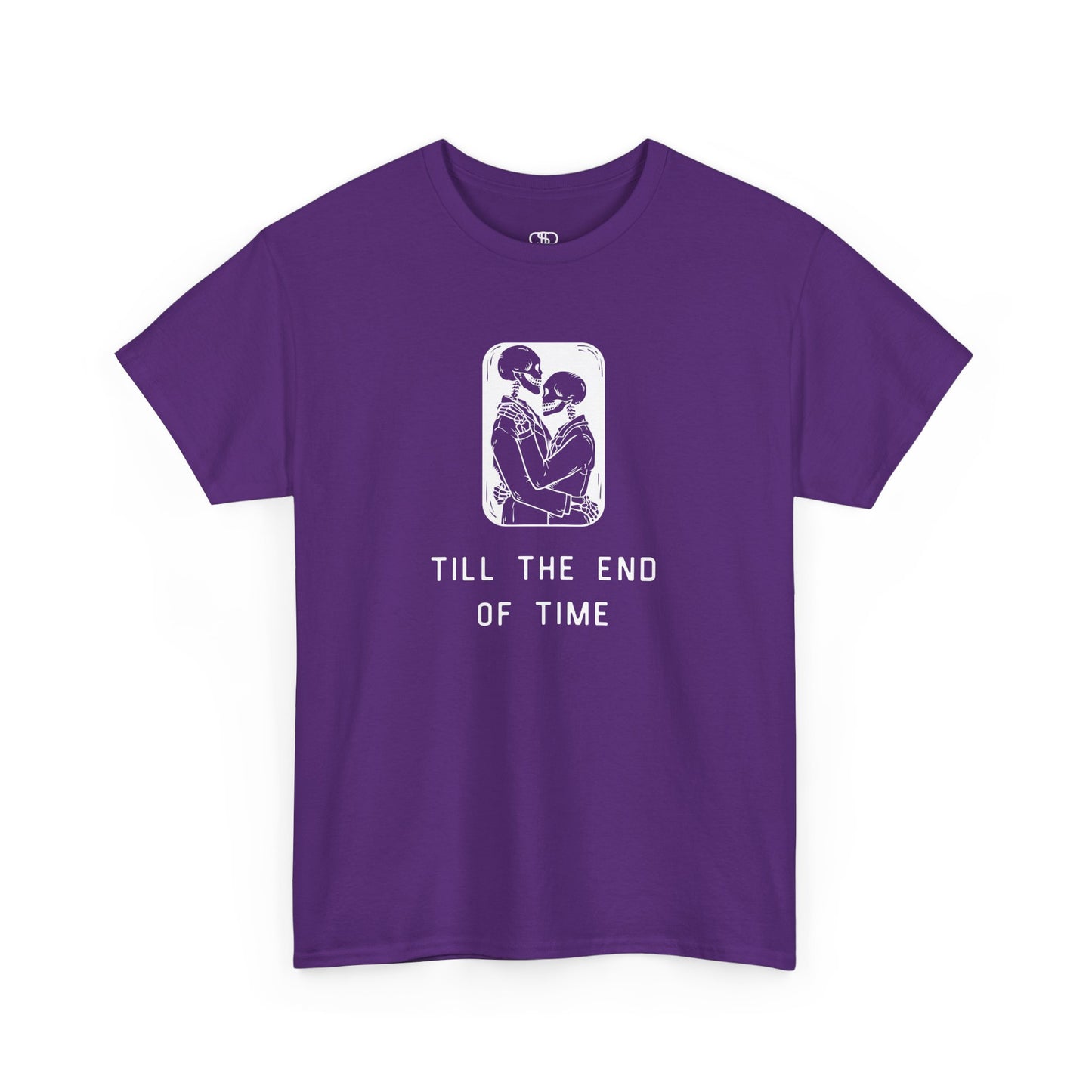 A t-shirt featuring a detailed print of two skeletons embracing in a hug with the text 'till the end of time' below them.